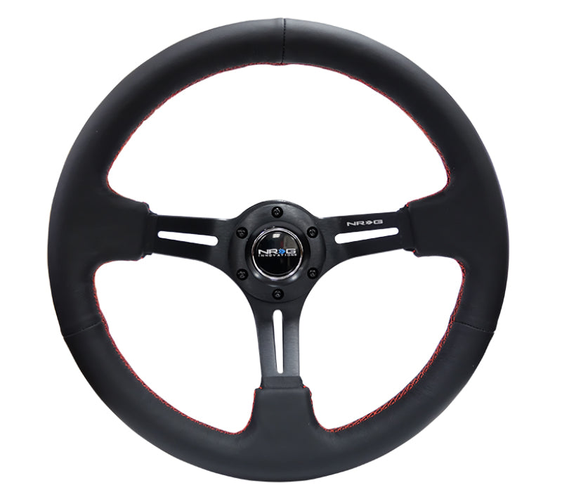 NRG Reinforced Steering Wheel (350mm / 3in. Deep) Black Leather/Red Stitch & Blk 3-Spoke w/Slits NRGRST-018R-RS
