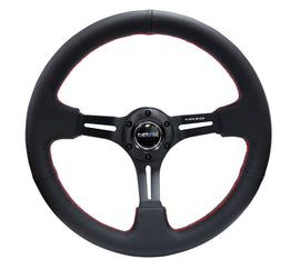 NRG Reinforced Steering Wheel (350mm / 3in. Deep) Black Leather/Red Stitch & Blk 3-Spoke w/Slits NRGRST-018R-RS