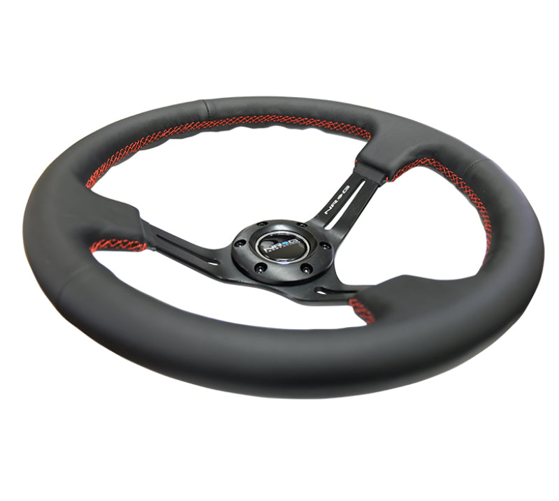 NRG Reinforced Steering Wheel (350mm / 3in. Deep) Black Leather/Red Stitch & Blk 3-Spoke w/Slits NRGRST-018R-RS