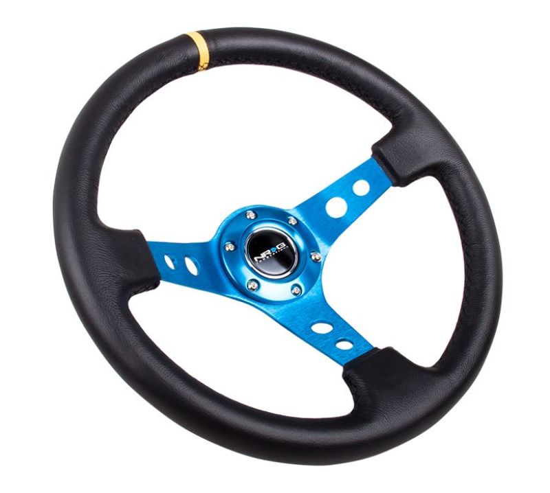 NRG Reinforced Steering Wheel (350mm / 3in. Deep) Blk Leather w/Blue Circle Cutout Spokes NRGRST-006BL