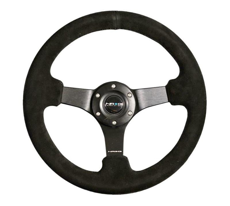 NRG Reinforced Steering Wheel (330mm / 3in Deep) Blk Suede w/Criss Cross Stitch w/Blk 3-Spoke Center NRGRST-033BK-S