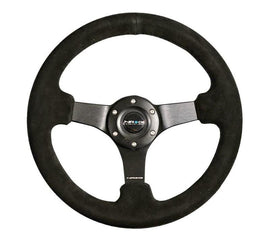 NRG Reinforced Steering Wheel (330mm / 3in Deep) Blk Suede w/Criss Cross Stitch w/Blk 3-Spoke Center NRGRST-033BK-S