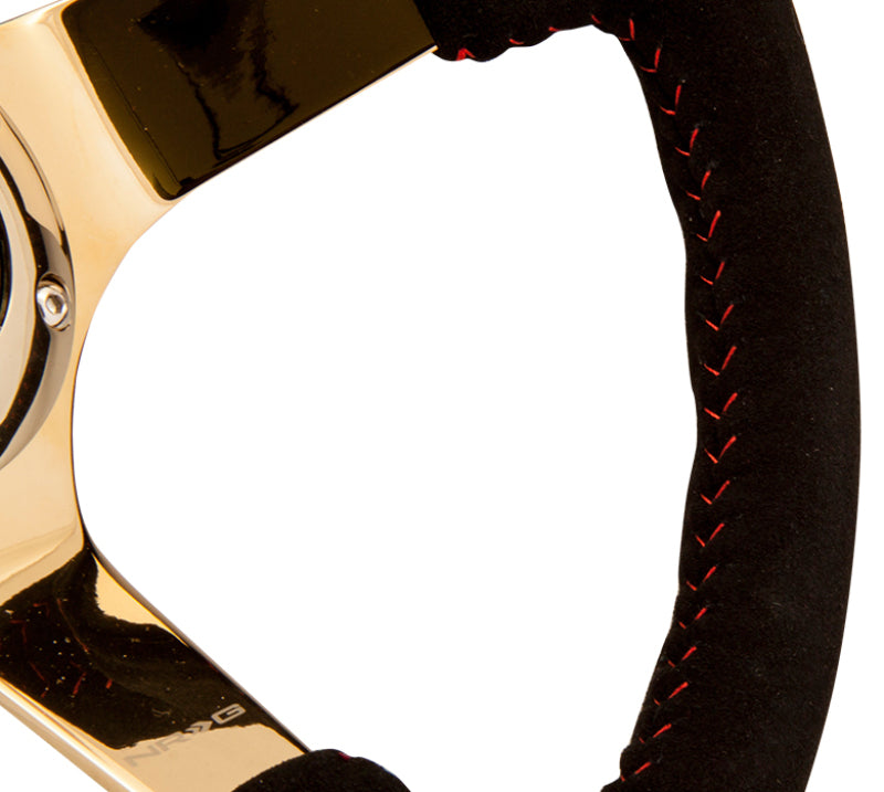 NRG Reinforced Steering Wheel (350mm / 3in. Deep) Blk Suede w/Red BBall Stitch & Chrome Gold 3-Spoke NRGRST-036GD-S