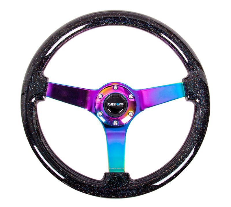 NRG Reinforced Steering Wheel (350mm / 3in. Deep) Classic Blk Sparkle w/4mm Neochrome 3-Spoke Center NRGRST-036BSB-MC