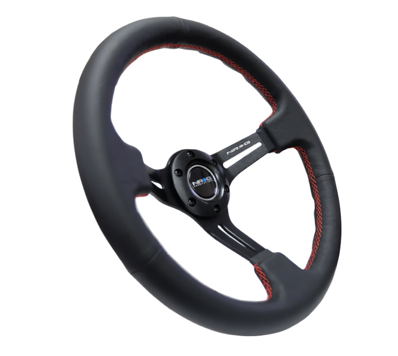 NRG Reinforced Steering Wheel (350mm / 3in. Deep) Black Leather/Red Stitch & Blk 3-Spoke w/Slits NRGRST-018R-RS