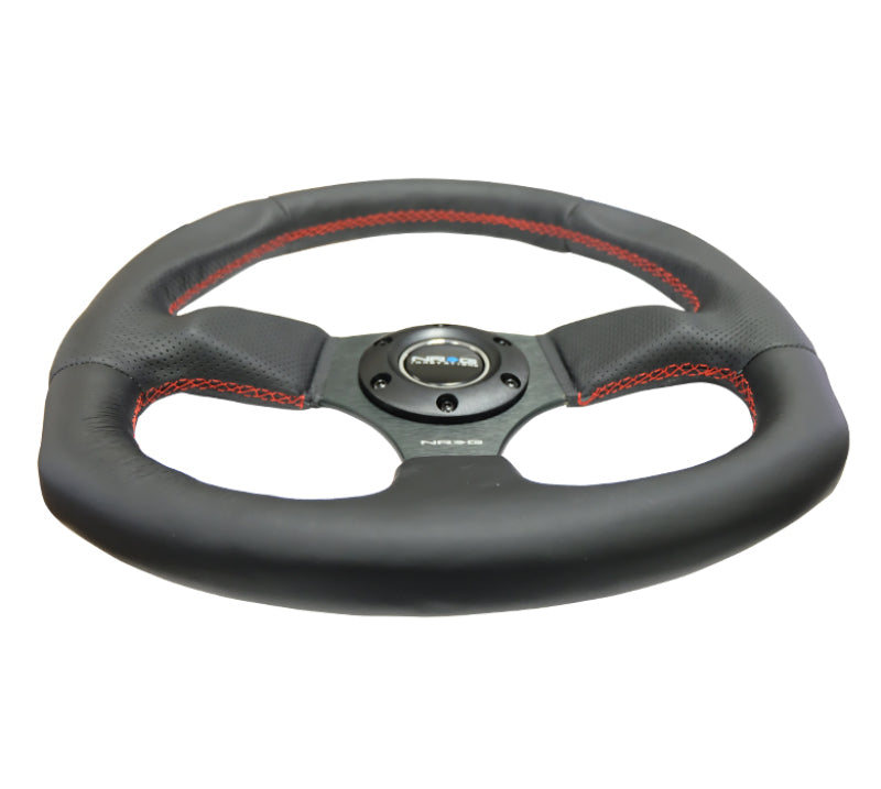 NRG Reinforced Steering Wheel (320mm Horizontal / 330mm Vertical) Leather w/Red Stitching NRGRST-009R-RS