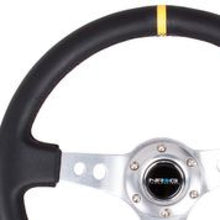 Load image into Gallery viewer, NRG Reinforced Steering Wheel (350mm / 3in. Deep) Blk Leather w/Circle Cut Spokes &amp; Single Yellow CM NRGRST-006SL-Y