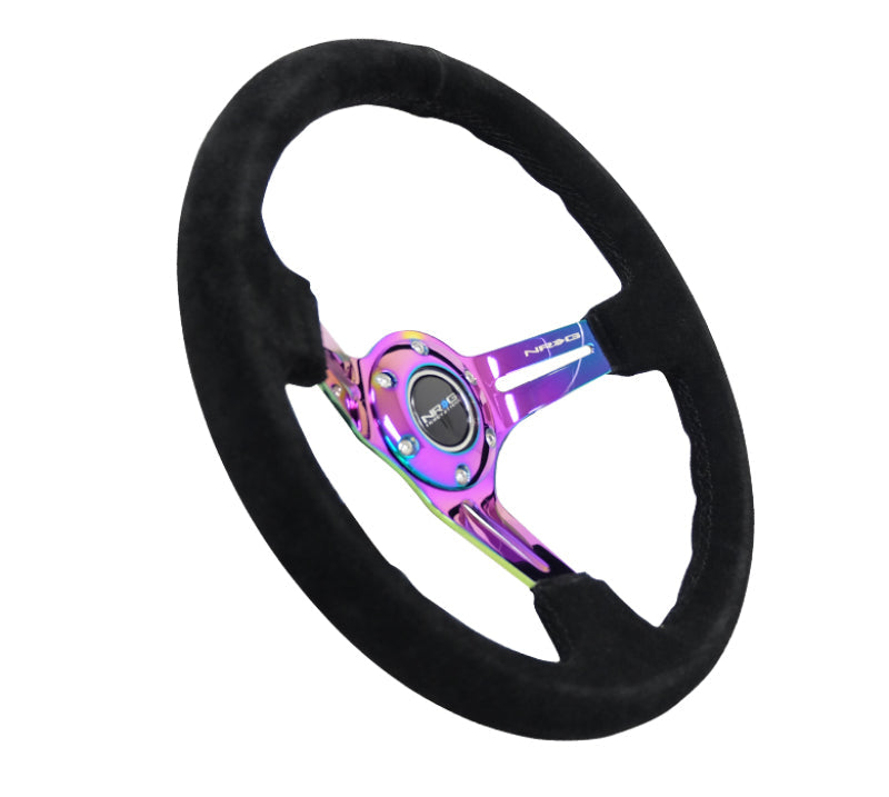 NRG Reinforced Steering Wheel (350mm / 3in. Deep) Blk Suede/Blk Stitch w/Neochrome Slits NRGRST-018S-MCBS