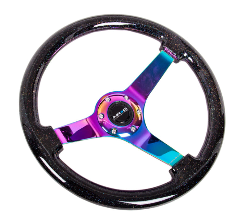 NRG Reinforced Steering Wheel (350mm / 3in. Deep) Classic Blk Sparkle w/4mm Neochrome 3-Spoke Center NRGRST-036BSB-MC
