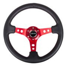NRG Reinforced Steering Wheel (350mm / 3in. Deep) Blk Leather w/Red Circle Cutout Spokes NRGRST-006RD