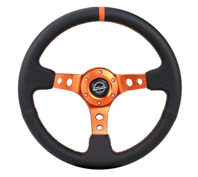 NRG Reinforce Steering Wheel (350mm / 3in. Deep) Blk Leather, Orange Center Mark w/ Orange Stitching NRGRST-006OR