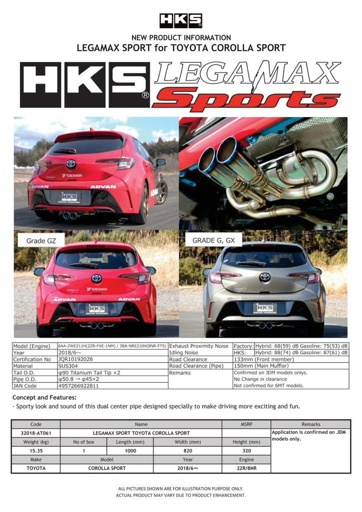 HKS LEGAMAX Sports 2018 Toyota Corolla Sport 2ZR/8NR HKS32018-AT061