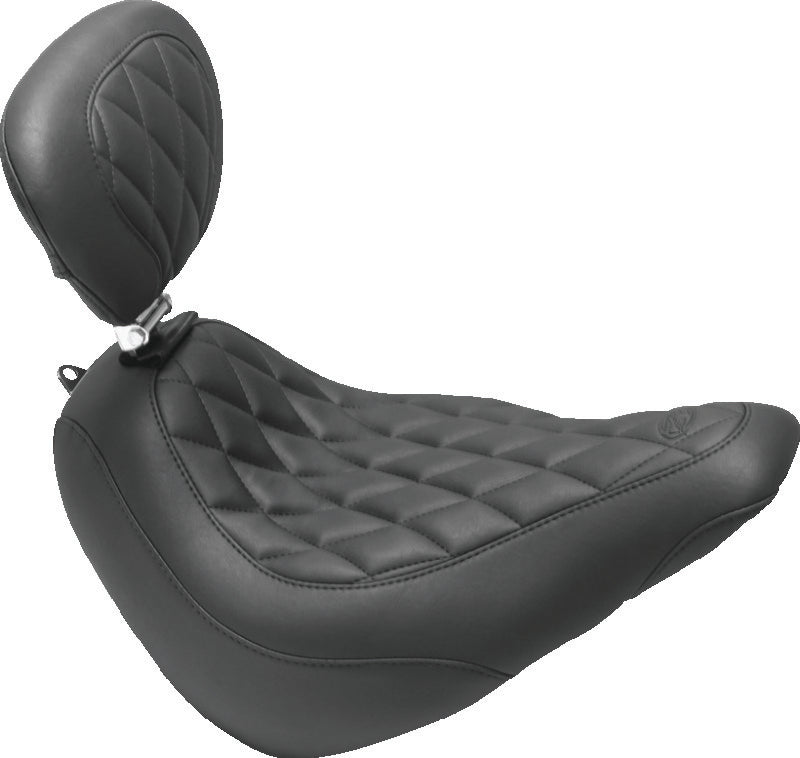 Mustang 18-21 Harley Softail Slim Wide Tripper Solo Seat w/Driver Backrest Diamond Stitch - Black