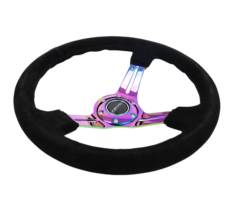 NRG Reinforced Steering Wheel (350mm / 3in. Deep) Blk Suede/Blk Stitch w/Neochrome Slits NRGRST-018S-MCBS