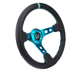 NRG Reinforce Steering Wheel (350mm / 3in. Deep) Blk Leather, Teal Center Mark w/ Teal Stitching NRGRST-006TL