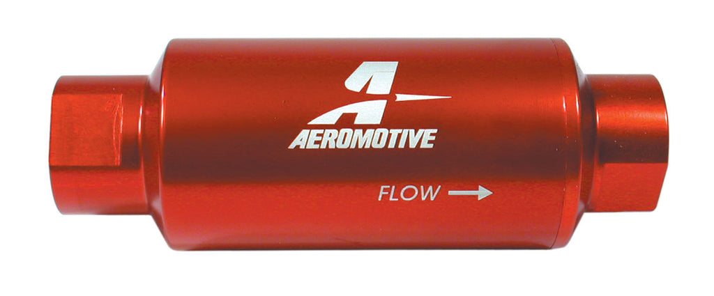 Aeromotive Fuel System Filter, In-Line, 10-m Fabric Element, ORB-10 Port, Bright-Dip Red, 2" OD.