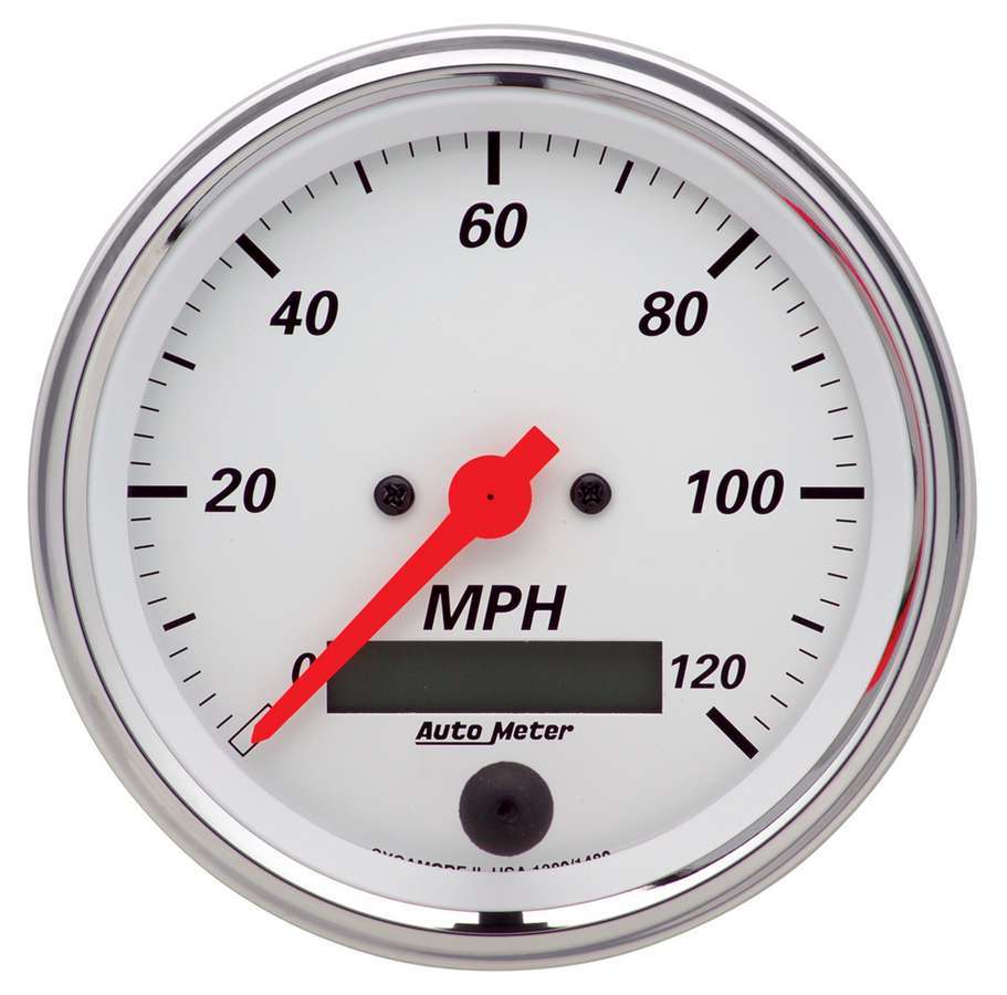 AutoMeter GAUGE; SPEEDOMETER; 3 3/8in.; 120MPH; ELEC. PROG. W/LCD ODO; ARCTIC WHITE