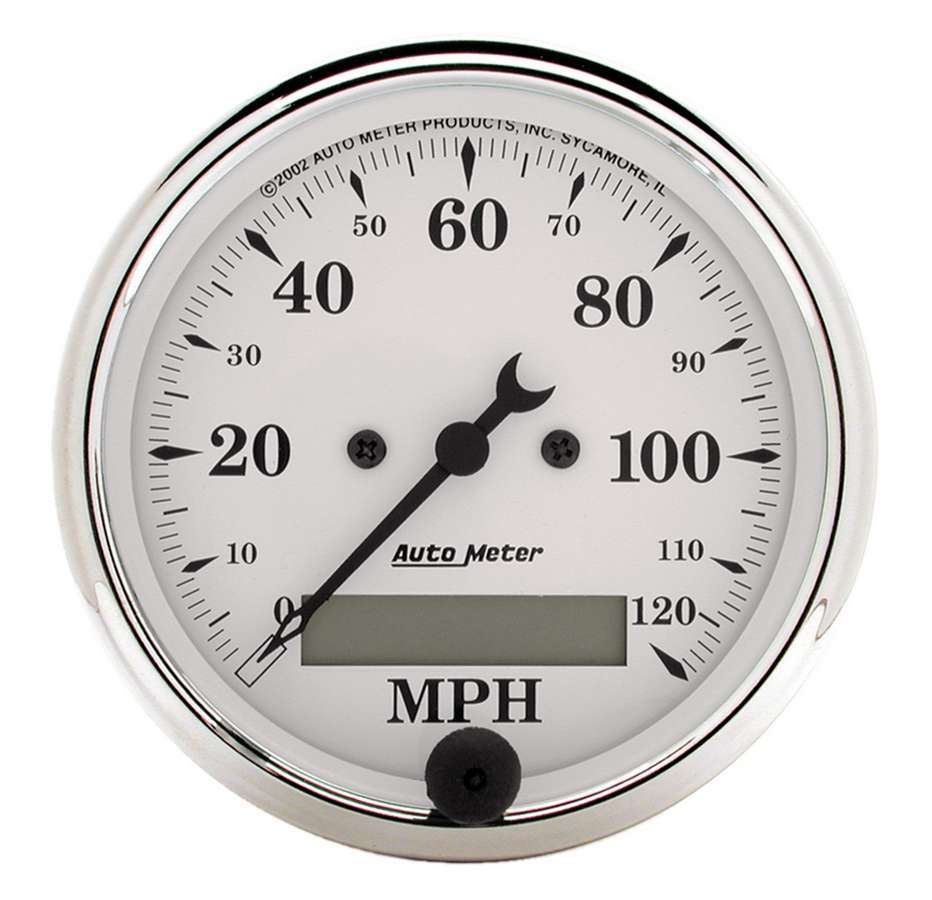 AutoMeter GAUGE; SPEEDO.; 3 1/8in.; 120MPH; ELEC. PROG. W/LCD ODO; OLD TYME WHITE