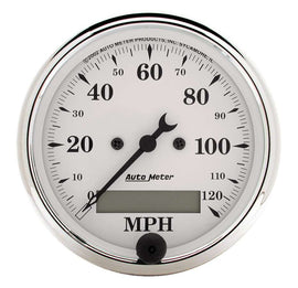 AutoMeter GAUGE; SPEEDO.; 3 1/8in.; 120MPH; ELEC. PROG. W/LCD ODO; OLD TYME WHITE