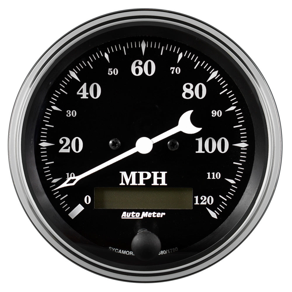 AutoMeter GAUGE; SPEEDO.; 3 3/8in.; 120MPH; ELEC. PROG. W/LCD ODO; OLD TYME BLACK