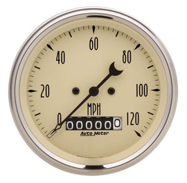 AutoMeter GAUGE; SPEEDO.; 3 3/8in.; 120MPH; ELEC. PROG. W/WHEEL ODO; ANTQ BEIGE