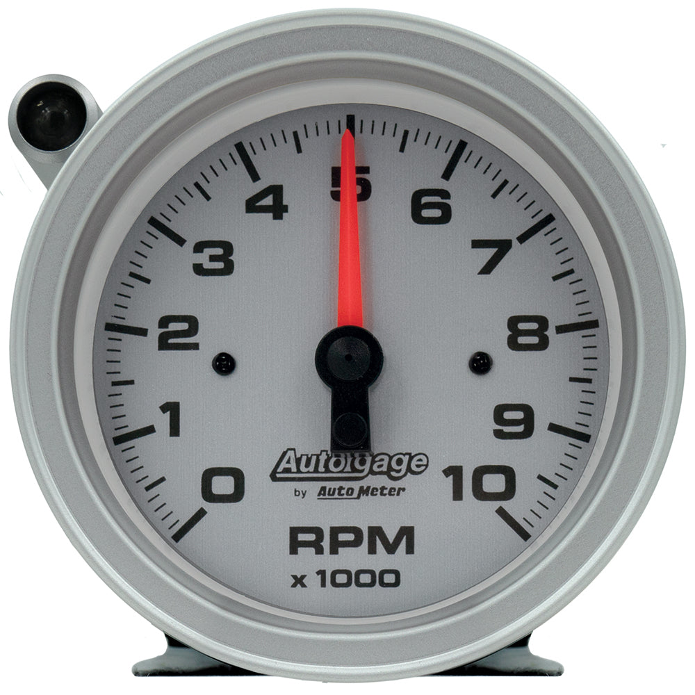 AutoMeter GAUGE; TACH; 3 3/4in.; 10K RPM; PEDESTAL W/EXT SHIFT LIGHT; SLVR DIAL BLK CASE;