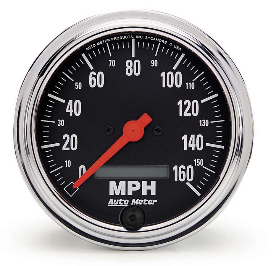 AutoMeter GAUGE; SPEEDO; 3 3/8in.; 160MPH; ELEC. PROGRAM W/LCD ODO; TRADITIONAL CHROME