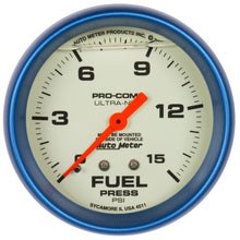 Load image into Gallery viewer, AutoMeter GAUGE; FUEL PRESS; 2 5/8in.; 15PSI; LIQUID FILLED MECH; GLOW IN DARK; ULTRA-NITE