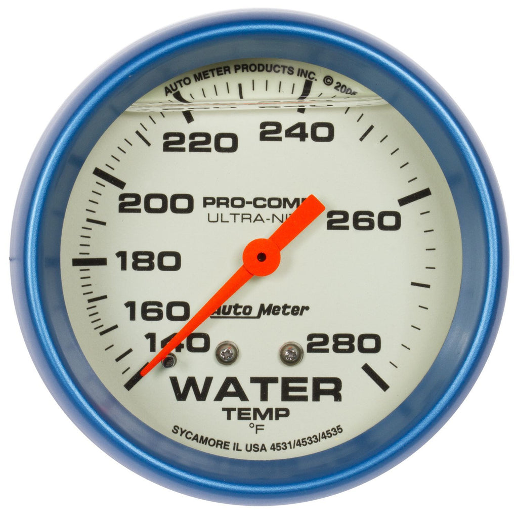 AutoMeter GAUGE; WTEMP; 2 5/8in.; 140-280deg.F; LIQUID FILLED MECH; GLOW IN DARK; ULTRA-NI