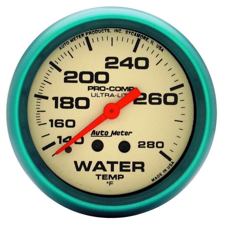 AutoMeter GAUGE; WATER TEMP; 2 5/8in.; 140-280deg.F; MECH.; 4FT.; GLOW IN DARK; ULTRA-NITE