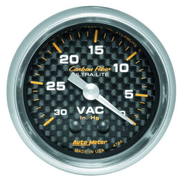 AutoMeter GAUGE; VACUUM; 2 1/16in.; 30INHG; MECHANICAL; CARBON FIBER
