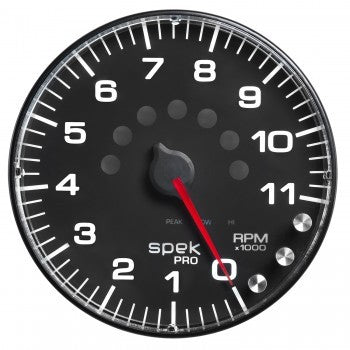 AutoMeter GAUGE; TACHOMETER; 5in.; 11K RPM; W/SHIFT LIGHT/PEAK MEM; BLACK/BLACK; SPEK-PRO