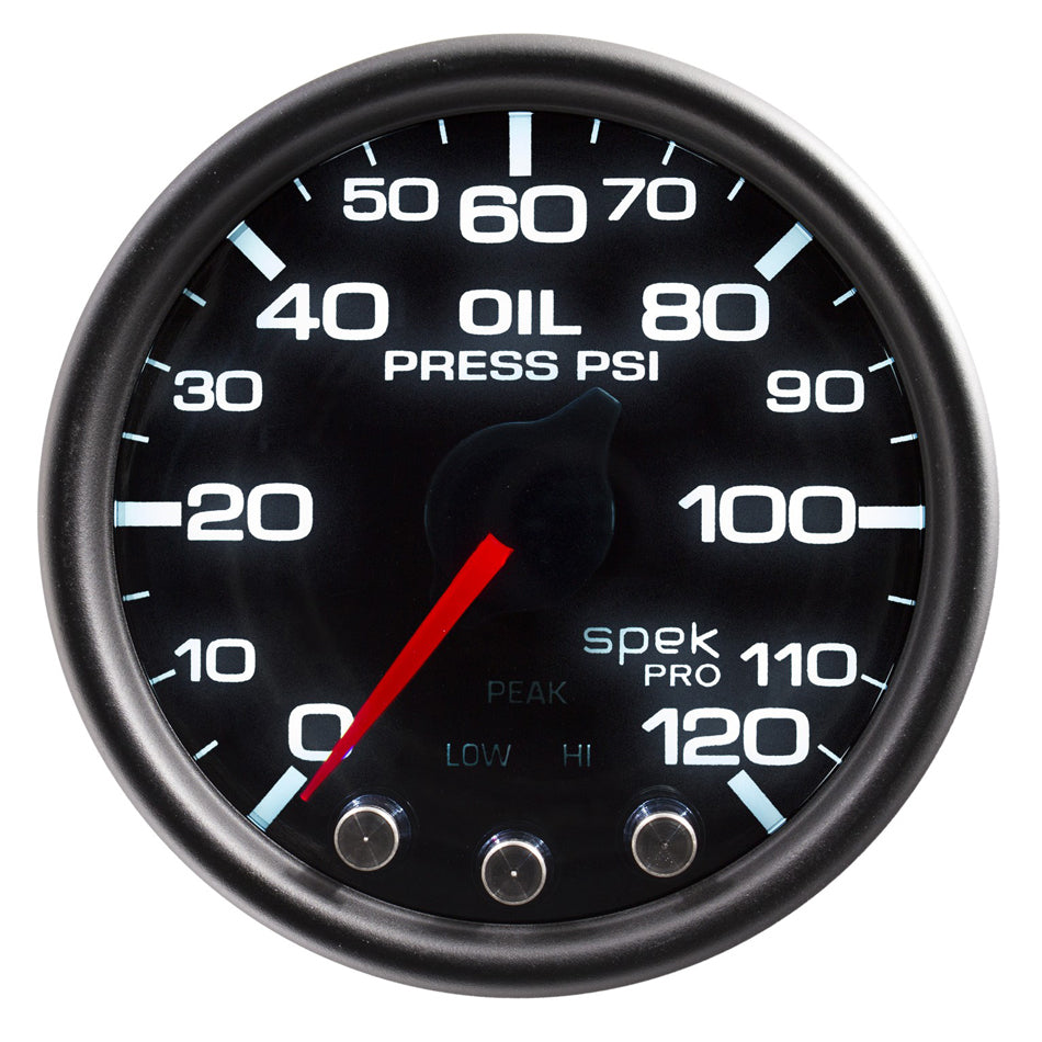 AutoMeter GAUGE; OIL PRESS; 2 1/16in.; 120PSI; STEPPER MOTOR W/PK/WRN; BLK/SMKE/BLK; SPEK