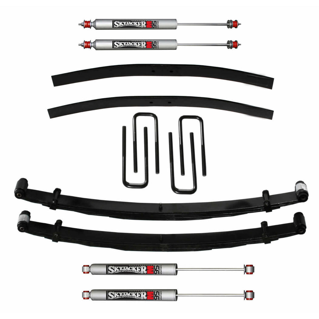 Suspension Lift Kit w/Shock M95 Performance Shocks 4 Inch Lift Incl. Front Leaf Springs Front U Bolt Kit PN F7240 Spring Bushing Kit Rear Add-A-Leafs 73-78 Ford F-250 Skyjacker