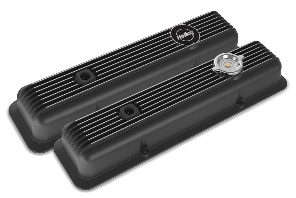 Holley Holley Valve Covers - Muscle Series - Finned - SBC - Satin Black Machined