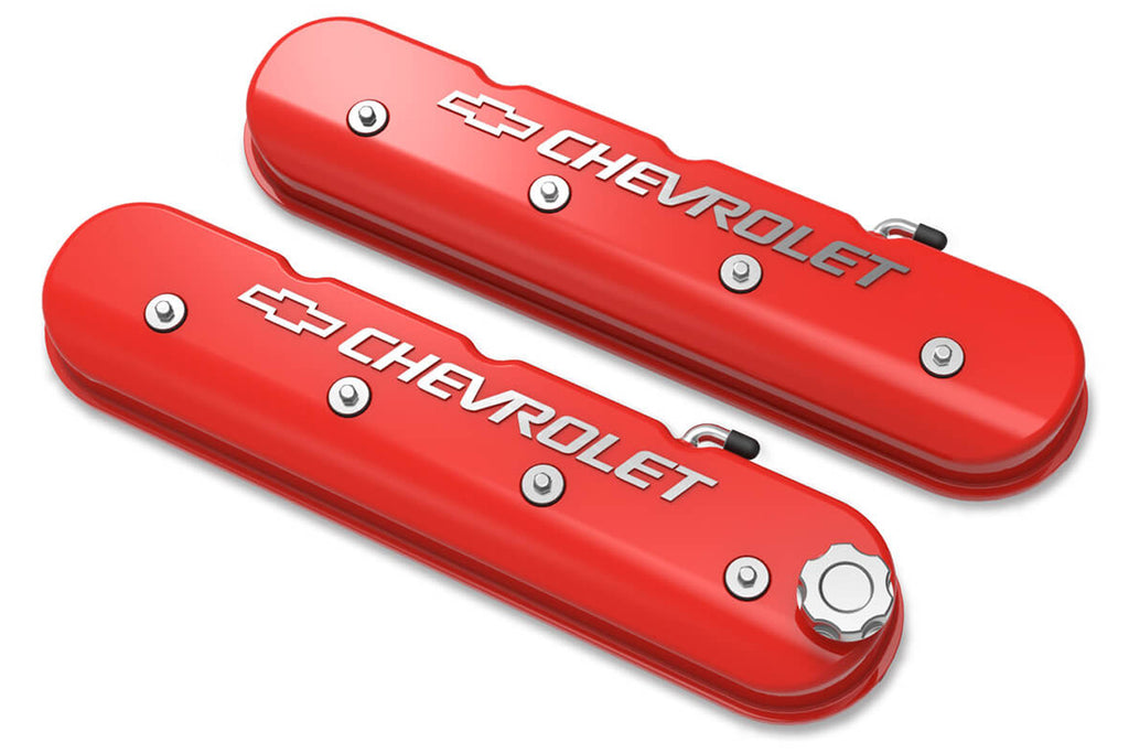 Holley Tall LS Valve Cover with Bowtie/Chevrolet Logo - Gloss Red Machined Finish