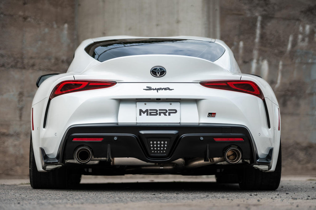 20-24 Toyota Supra T304 Stainless Steel 3 inch Cat-Back Dual Rear Outlet with Burnt End Tips 2 4.5 inch T305 Burnt End Tips Included MBRP