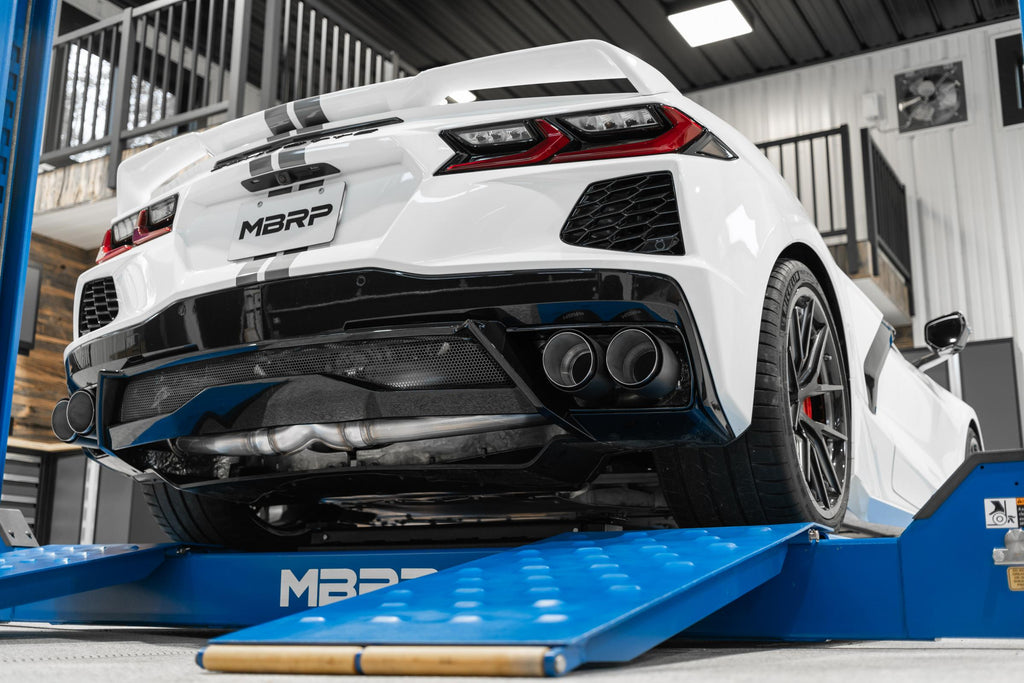 2020-2023 Chevrolet Corvette C8 6.2L Armor Pro T304 Stainless Steel 3 Inch Cat-Back Quad Split Rear with Carbon Fiber Tips Valve Delete MBRP