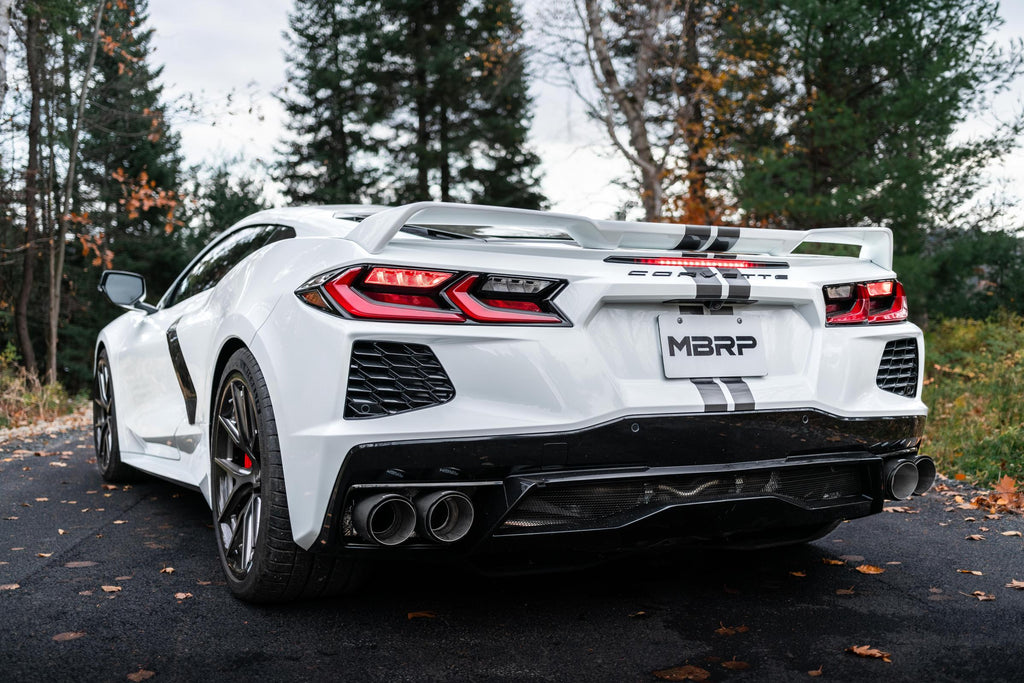2020-2023 Chevrolet Corvette C8 6.2L Armor Pro T304 Stainless Steel 3 Inch Cat-Back Quad Split Rear with Carbon Fiber Tips Valve Delete MBRP