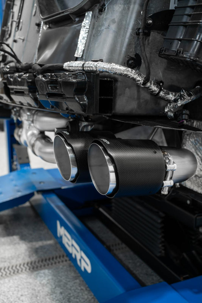 2020-2023 Chevrolet Corvette C8 6.2L Armor Pro T304 Stainless Steel 3 Inch Cat-Back Quad Split Rear with Carbon Fiber Tips Valve Delete MBRP