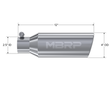 Load image into Gallery viewer, 4 Inch OD 2.5 Inch Inlet 12 Inch Length Exhaust Tail Pipe TipAngled Cut Rolled End Clampless-No Weld T304 Stainless Steel MBRP