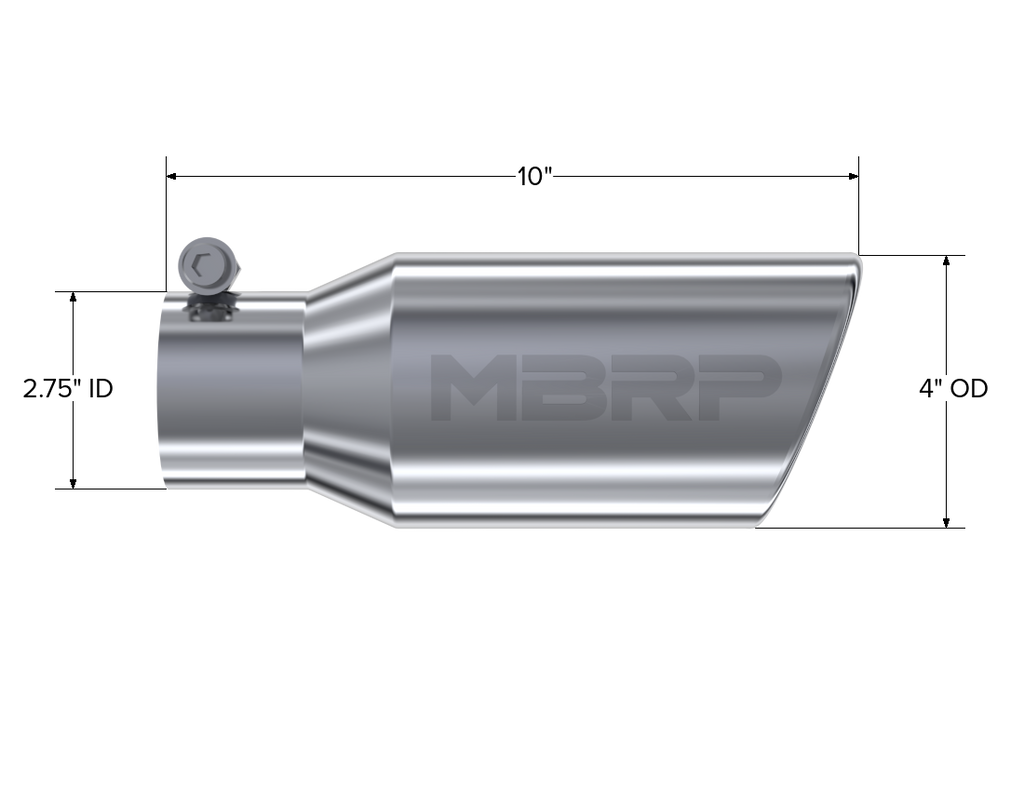 Exhaust Tip 4 Inch O.D. Angled Rolled End 2 3/4 Inch Inlet 10 Inch Length T304 Stainless Steel MBRP