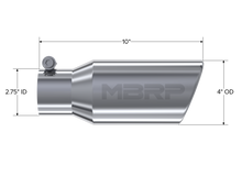 Load image into Gallery viewer, Exhaust Tip 4 Inch O.D. Angled Rolled End 2 3/4 Inch Inlet 10 Inch Length T304 Stainless Steel MBRP