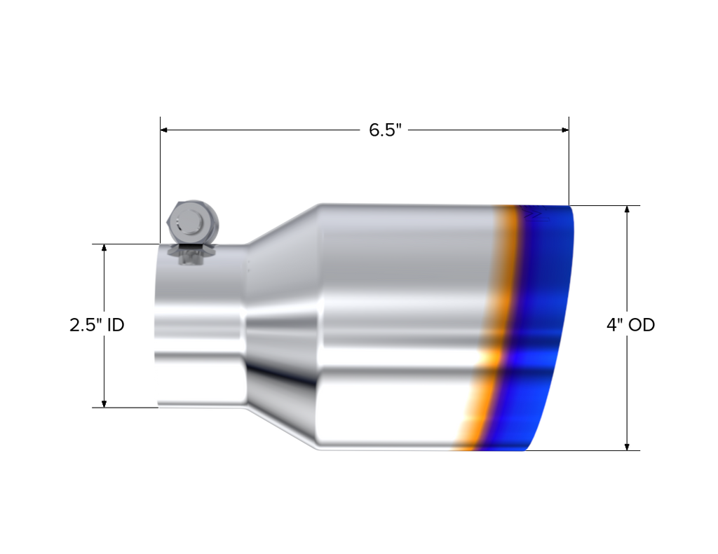 T304 Stainless Steel Burnt End Tip Pro Series 2.5 Inch ID 4 Inch OD Single Wall Angle Cut 6.5 Inch Length MBRP