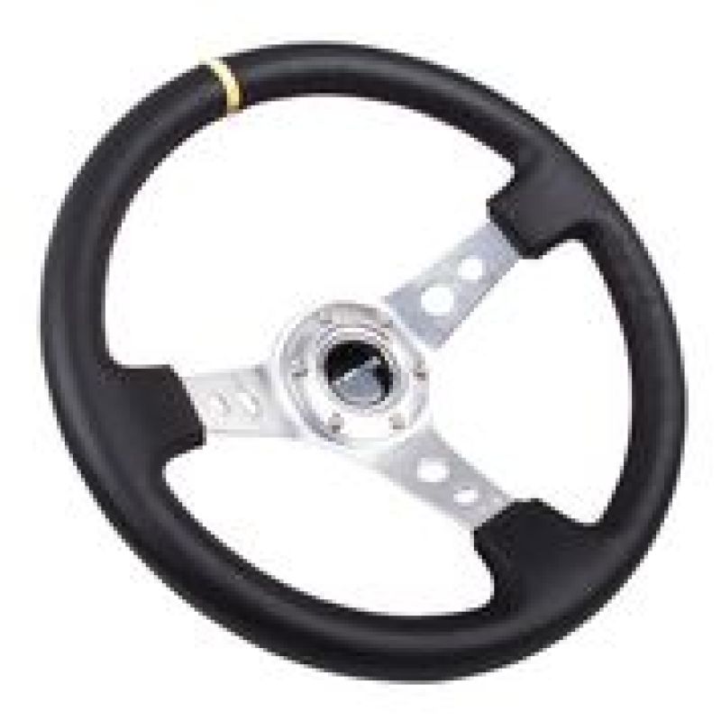 NRG Reinforced Steering Wheel (350mm / 3in. Deep) Blk Leather w/Circle Cut Spokes & Single Yellow CM NRGRST-006SL-Y
