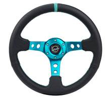 Load image into Gallery viewer, NRG Reinforce Steering Wheel (350mm / 3in. Deep) Blk Leather, Teal Center Mark w/ Teal Stitching NRGRST-006TL
