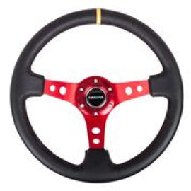 NRG Reinforced Steering Wheel (350mm / 3in. Deep) Blk Leather w/Red Spokes & Sgl Yellow Center Mark NRGRST-006RD-Y