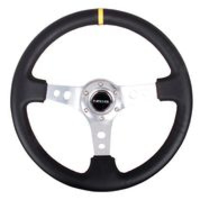 NRG Reinforced Steering Wheel (350mm / 3in. Deep) Blk Leather w/Circle Cut Spokes & Single Yellow CM NRGRST-006SL-Y