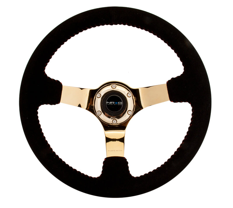 NRG Reinforced Steering Wheel (350mm / 3in. Deep) Blk Suede w/Red BBall Stitch & Chrome Gold 3-Spoke NRGRST-036GD-S