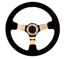 Load image into Gallery viewer, NRG Reinforced Steering Wheel (350mm / 3in. Deep) Blk Suede w/Red BBall Stitch &amp; Chrome Gold 3-Spoke NRGRST-036GD-S